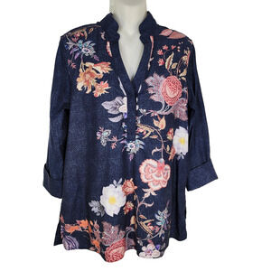 Chico's Tunic Top Women Size .5 US 6 Blue No-Iron Chic Stretch Flower 3/4 Sleeve